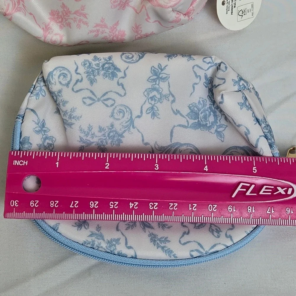 Set of 2 Floral Travel Cosmetic Zipper Pouches White Blue Pink 5.5